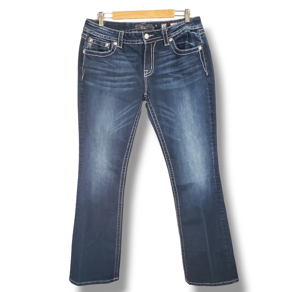 Miss Me Darkwash Signature Bootcut Bedazzeled Pocket Jeans Size 33